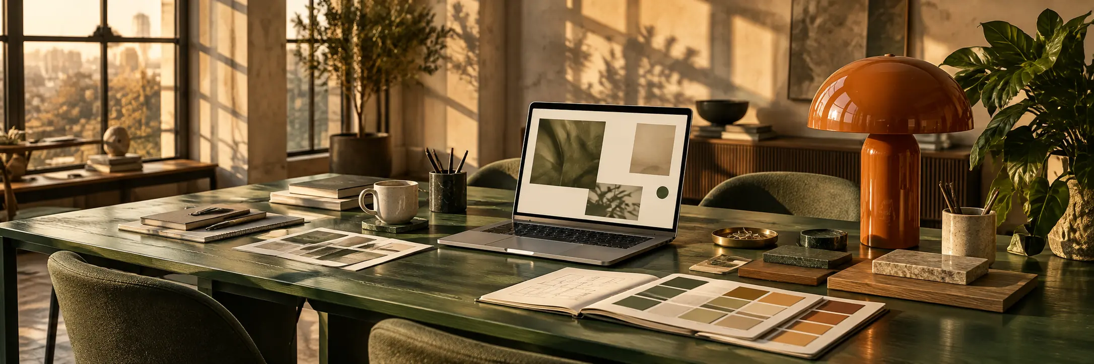 A laptop displaying a website layout on a green desk in a sunlit design studio