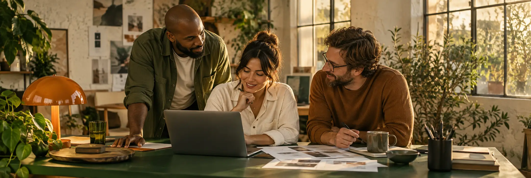 Three people reviewing a website together around a green table in a warmly sunlit studio